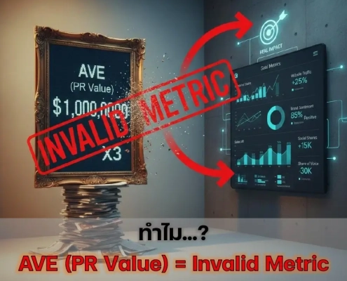 ภาพเทียบระหว่าง AVE หรือ PR Value ที่ถูกตีตรา Invalid Metric กับหน้าจอแดชบอร์ดการวัดผล PR ที่ใช้ข้อมูลเชิงคุณภาพและผลลัพธ์จริง