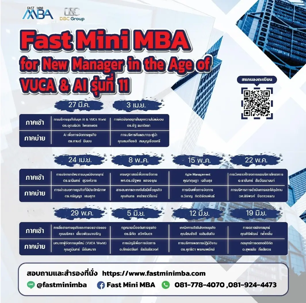 ตารางเรียน Fast Mini MBA รุ่น 11 หลักสูตรพัฒนาผู้บริหารและผู้จัดการในยุค VUCA และ AI